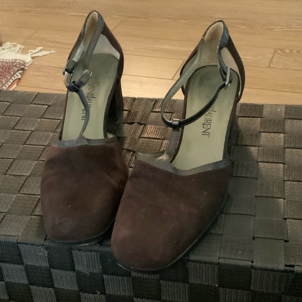 Yves Saint Laurent vintage Dark Brown Suede and Leather Trim T-Strap Heels